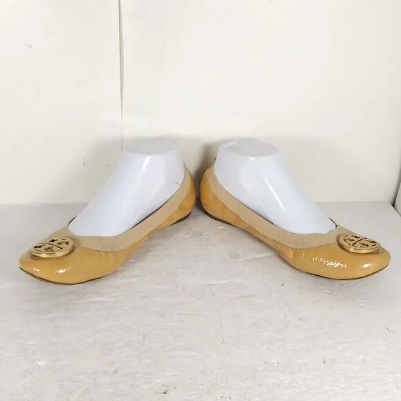 TORY BURCH Women's Caroline 2 US 8M Tan Leather Logo Slip On Ballet Flats