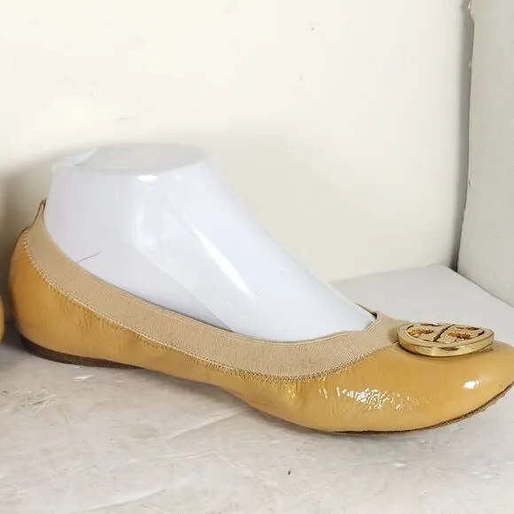 TORY BURCH Women's Caroline 2 US 8M Tan Leather Logo Slip On Ballet Flats