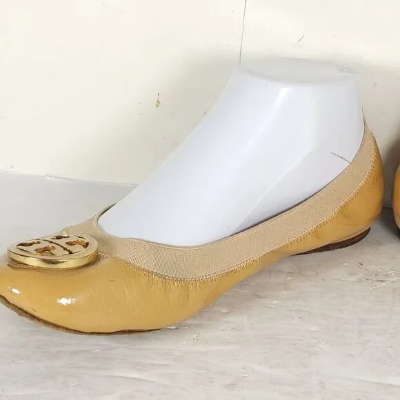 TORY BURCH Women's Caroline 2 US 8M Tan Leather Logo Slip On Ballet Flats