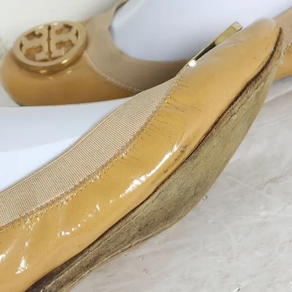 TORY BURCH Women's Caroline 2 US 8M Tan Leather Logo Slip On Ballet Flats