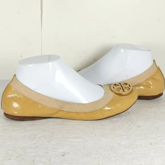 TORY BURCH Women's Caroline 2 US 8M Tan Leather Logo Slip On Ballet Flats