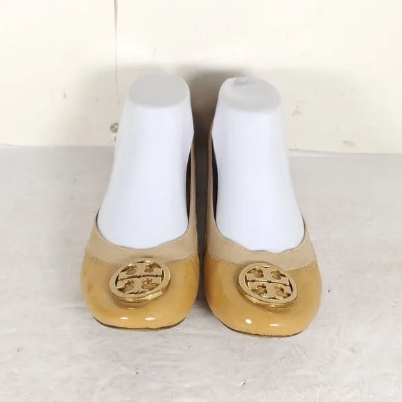 TORY BURCH Women's Caroline 2 US 8M Tan Leather Logo Slip On Ballet Flats