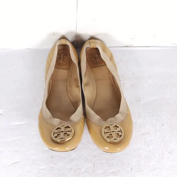 TORY BURCH Women's Caroline 2 US 8M Tan Leather Logo Slip On Ballet Flats