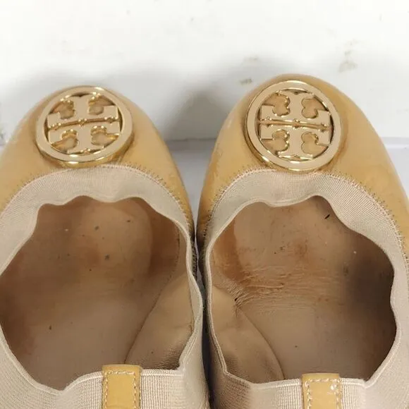 TORY BURCH Women's Caroline 2 US 8M Tan Leather Logo Slip On Ballet Flats