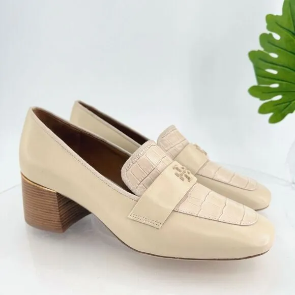 Tory Burch Everly 55mm Women 11 Loafers Cream Embossed Croc Leather Block Heel