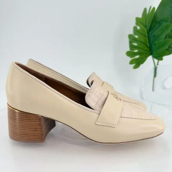 Tory Burch Everly 55mm Women 11 Loafers Cream Embossed Croc Leather Block Heel
