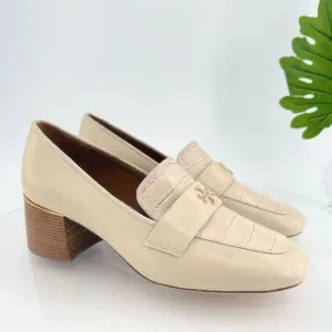 Tory Burch Everly 55mm Women 11 Loafers Cream Embossed Croc Leather Block Heel