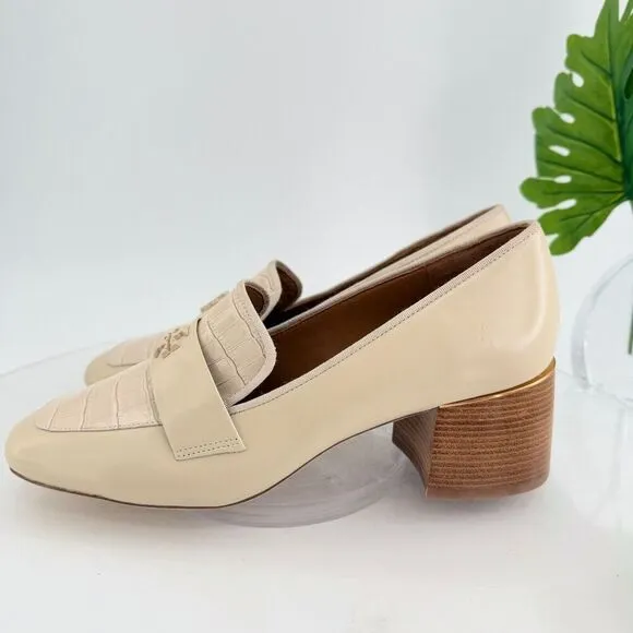 Tory Burch Everly 55mm Women 11 Loafers Cream Embossed Croc Leather Block Heel