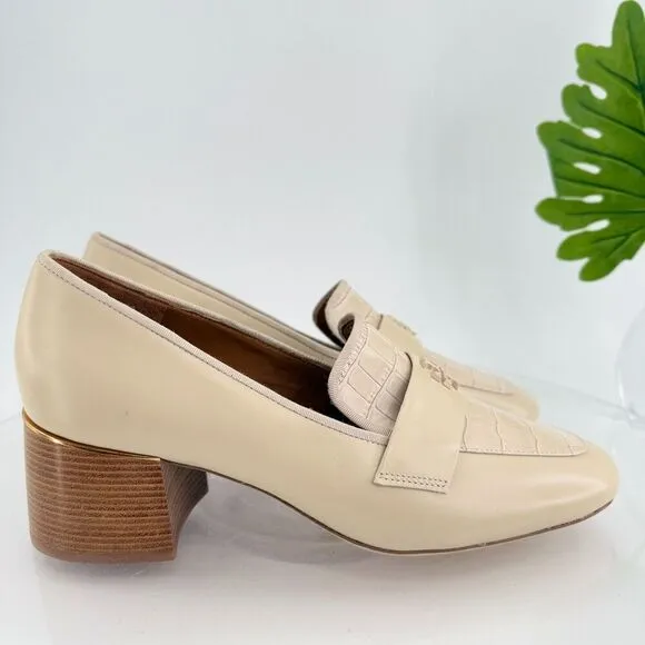 Tory Burch Everly 55mm Women 11 Loafers Cream Embossed Croc Leather Block Heel