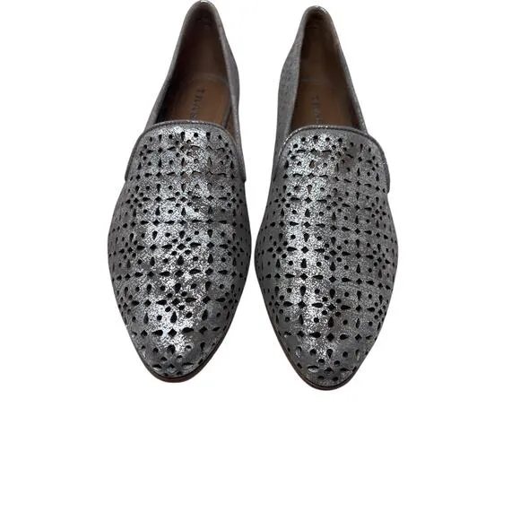 Trask Ali Silver Perforated Leather Flat Loafer Metallic