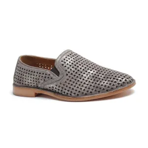 Trask Ali Silver Perforated Leather Flat Loafer Metallic