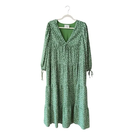 Tuckernuck Hyacinth House Green Ditsy Floral Mila Midi Dress Size XS Boho Ruffle