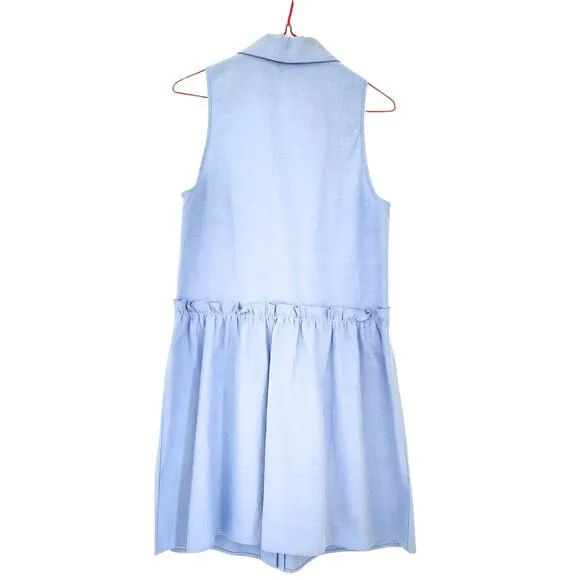 Tuckernuck Shirt Dress Oxford Royal Blue Sleeveless Ruffle Drop Waist V-Neck S