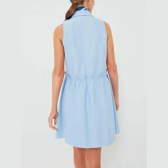 Tuckernuck Shirt Dress Oxford Royal Blue Sleeveless Ruffle Drop Waist V-Neck S