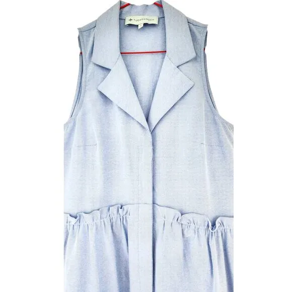 Tuckernuck Shirt Dress Oxford Royal Blue Sleeveless Ruffle Drop Waist V-Neck S