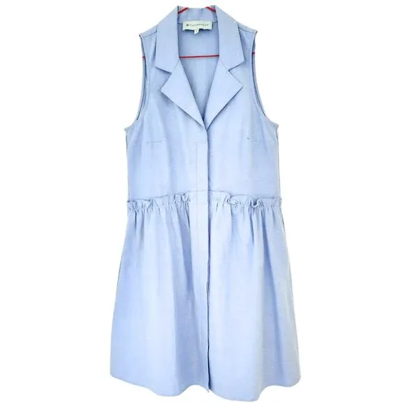 Tuckernuck Shirt Dress Oxford Royal Blue Sleeveless Ruffle Drop Waist V-Neck S
