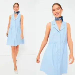 Tuckernuck Shirt Dress Oxford Royal Blue Sleeveless Ruffle Drop Waist V-Neck S