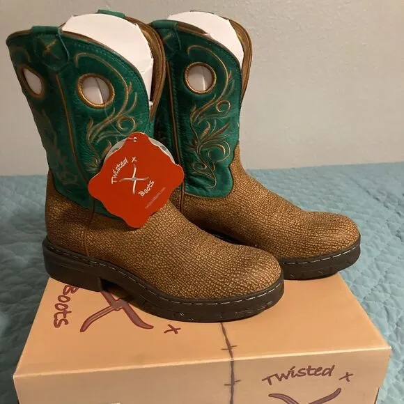 Twisted C Boots Size 6.5 Pull On 9”, Distressed Grain/Slash Green, Teal