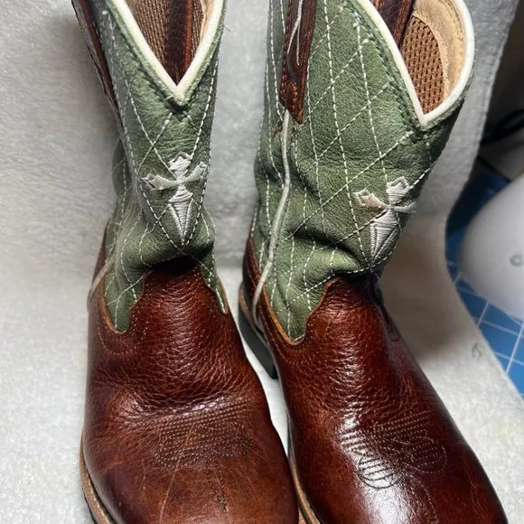 Twisted X Brown &amp; Green Cross  Leather Cowboy Boots-Pull on-Embroidered-
