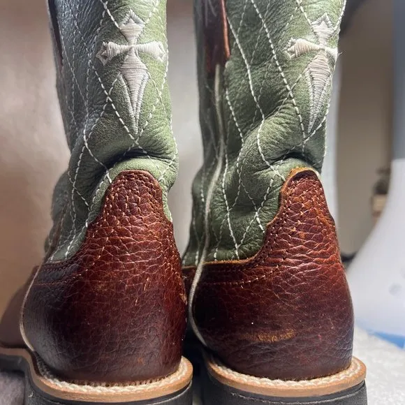 Twisted X Brown &amp; Green Cross  Leather Cowboy Boots-Pull on-Embroidered-
