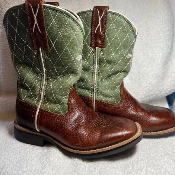 Twisted X Brown &amp; Green Cross  Leather Cowboy Boots-Pull on-Embroidered-