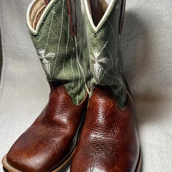 Twisted X Brown &amp; Green Cross  Leather Cowboy Boots-Pull on-Embroidered-