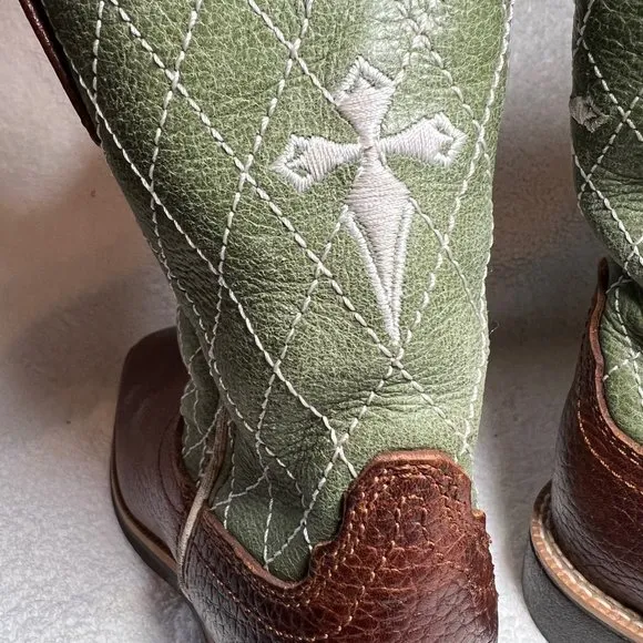 Twisted X Brown &amp; Green Cross  Leather Cowboy Boots-Pull on-Embroidered-