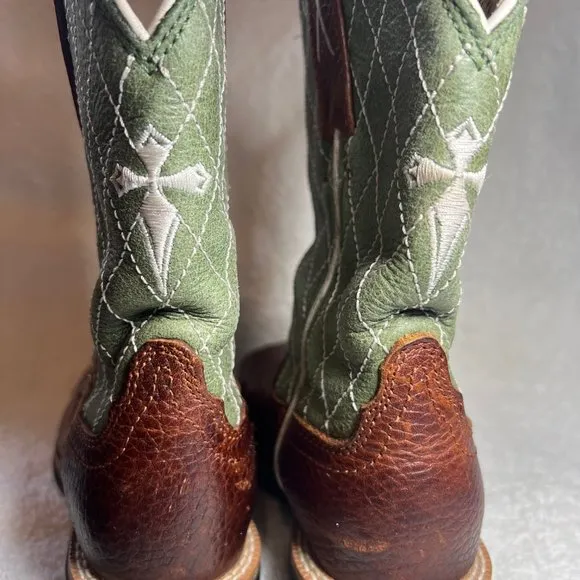 Twisted X Brown &amp; Green Cross  Leather Cowboy Boots-Pull on-Embroidered-