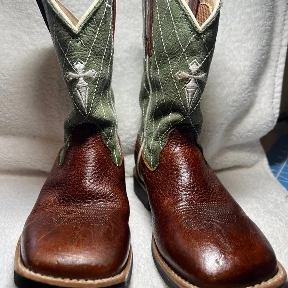 Twisted X Brown &amp; Green Cross  Leather Cowboy Boots-Pull on-Embroidered-