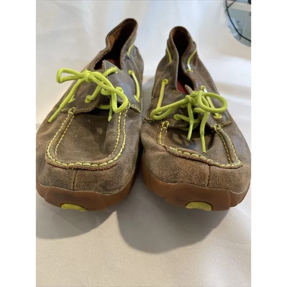 Twisted X Mens Leather Brown Bomber Neon Yellow Driving Moc Boat Shoe Sz 12