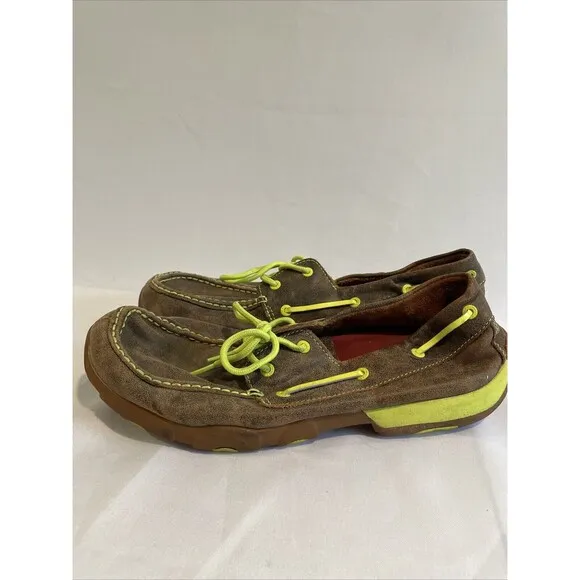 Twisted X Mens Leather Brown Bomber Neon Yellow Driving Moc Boat Shoe Sz 12