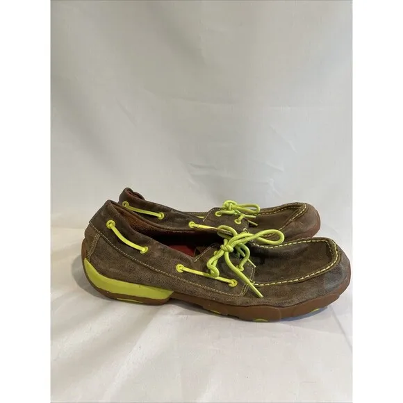Twisted X Mens Leather Brown Bomber Neon Yellow Driving Moc Boat Shoe Sz 12