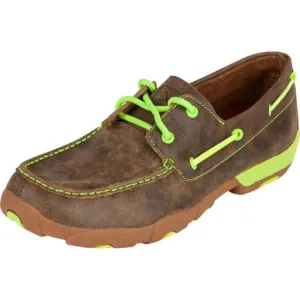 Twisted X Mens Leather Brown Bomber Neon Yellow Driving Moc Boat Shoe Sz 12