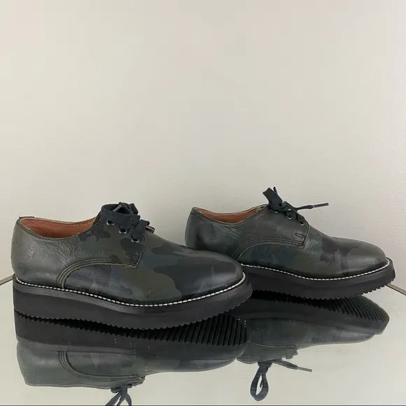 TWO THOUSAND NEVER Leather Green Black Camouflage Vibram Platform Loafers