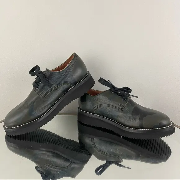 TWO THOUSAND NEVER Leather Green Black Camouflage Vibram Platform Loafers