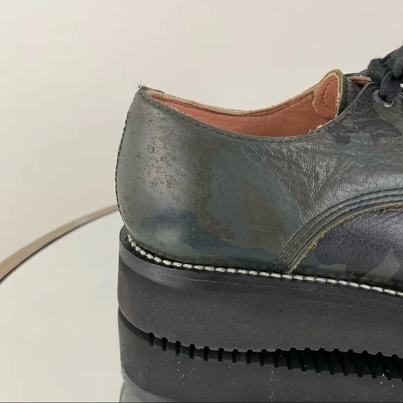 TWO THOUSAND NEVER Leather Green Black Camouflage Vibram Platform Loafers