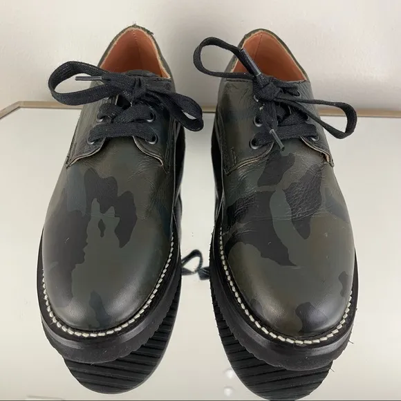 TWO THOUSAND NEVER Leather Green Black Camouflage Vibram Platform Loafers