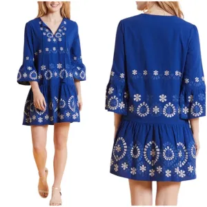 tyler boe Holly Embroidered Skimmer Mini Dress Military Blue
