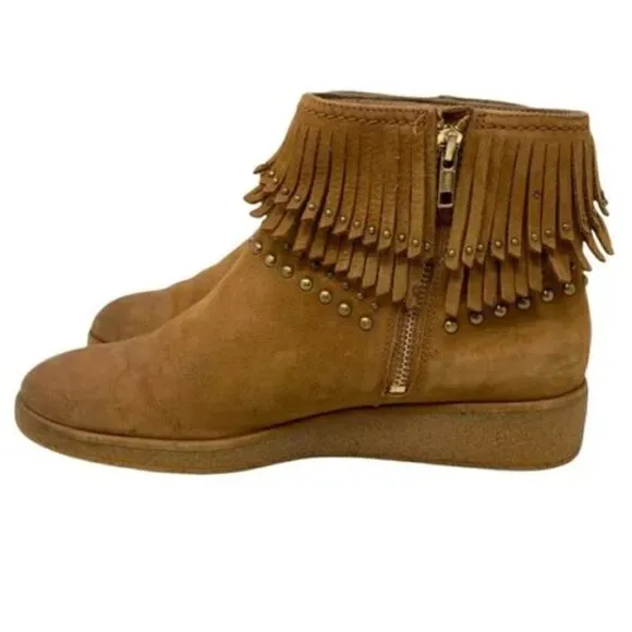 UGG Ariane Chestnut Leather Studded Fringe Wedge Ankle Boots - Size 8.5