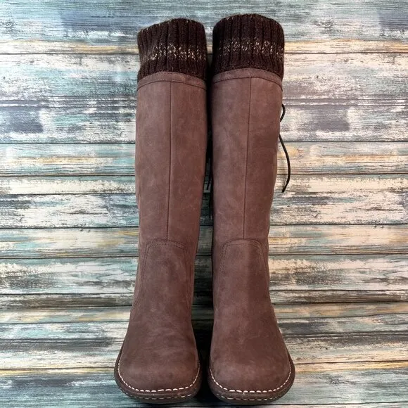 UGG Australia Knee High Boots Womens Sz 8 Brown Nubuck Leather Knit Cuff Pull On