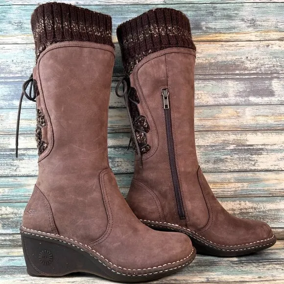 UGG Australia Knee High Boots Womens Sz 8 Brown Nubuck Leather Knit Cuff Pull On