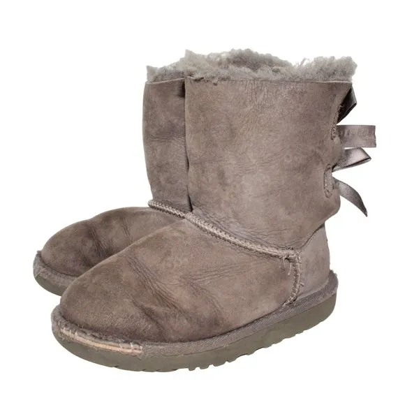 UGG Bailey Bow Girls Youth Size 3 Gray Leather Booties Boots Lambs Wool Lining