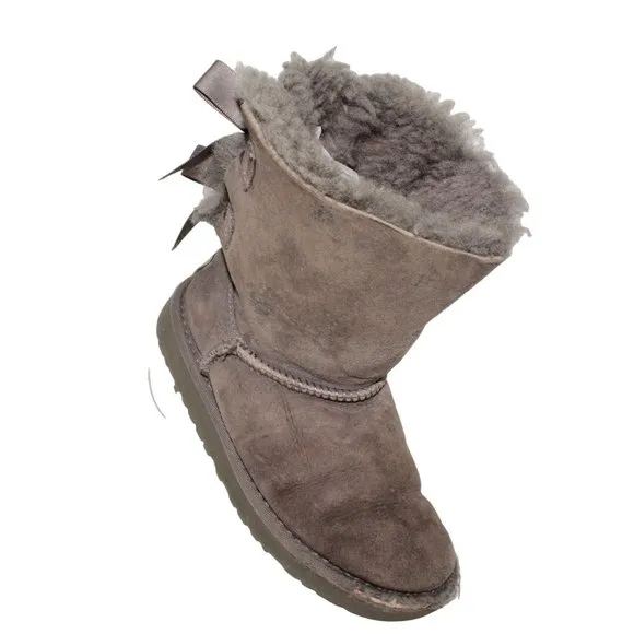 UGG Bailey Bow Girls Youth Size 3 Gray Leather Booties Boots Lambs Wool Lining
