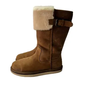Ugg Boot Women 9 Wilowe Chestnut Brown Leather Wool Lined Pull On Buckle Detail
