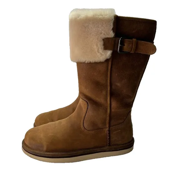 Ugg Boot Women 9 Wilowe Chestnut Brown Leather Wool Lined Pull On Buckle Detail