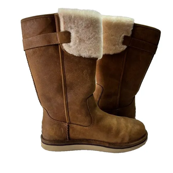 Ugg Boot Women 9 Wilowe Chestnut Brown Leather Wool Lined Pull On Buckle Detail