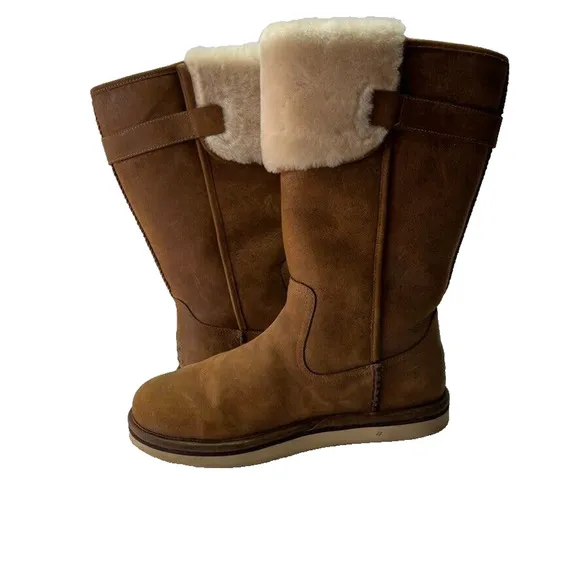 Ugg Boot Women 9 Wilowe Chestnut Brown Leather Wool Lined Pull On Buckle Detail