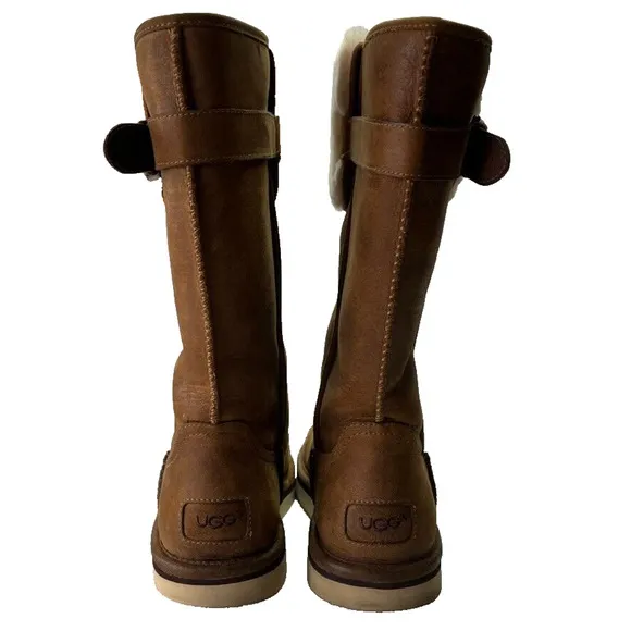 Ugg Boot Women 9 Wilowe Chestnut Brown Leather Wool Lined Pull On Buckle Detail