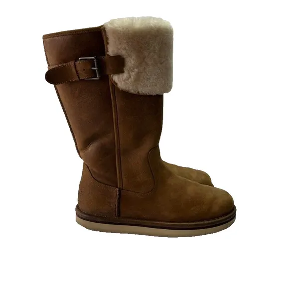 Ugg Boot Women 9 Wilowe Chestnut Brown Leather Wool Lined Pull On Buckle Detail