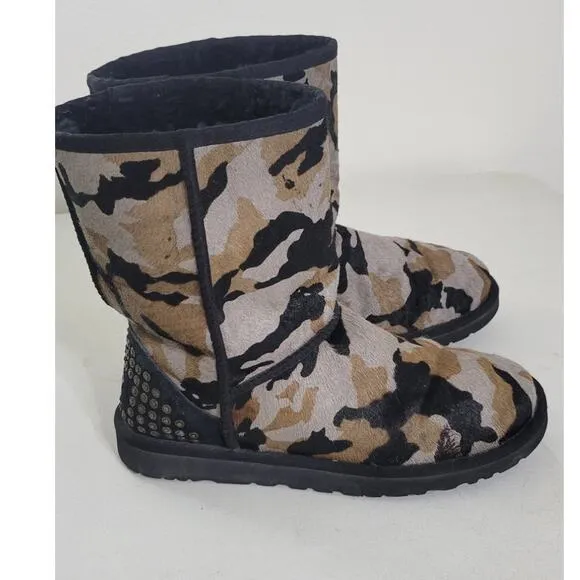 Ugg Boots Womens 8 Rowland Camo Calf Hair Leather Sheepskin Studded Boots RARE